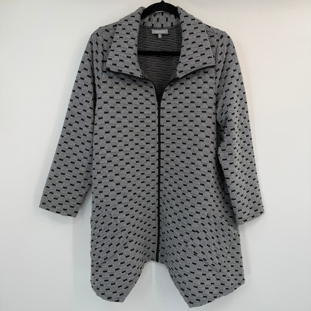 Habitat Black Grey Geometric Honeycomb Zip Jacket Funnel Neck Medium Lagenlook